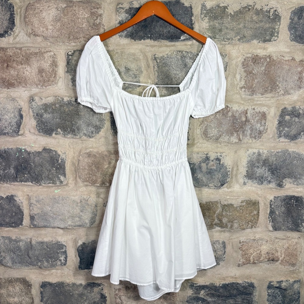 Sabo Skirt White Cotton Puff Sleeve Smocked Backless Mini Dress Women's Size M 6
